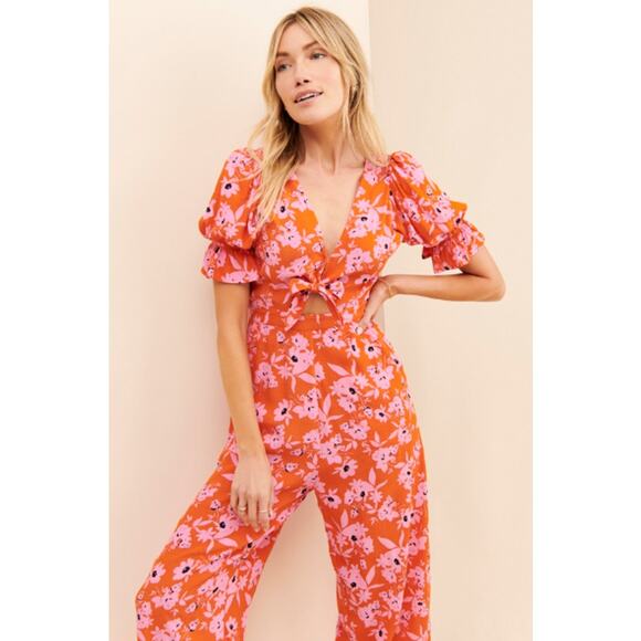 Rue Stiic Naveah Floral Jumpsuit XS Orange PInk Floral Cutout Tie Anthropologie - Picture 2 of 16